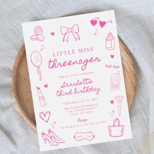 Threenager Fashion & Makeup Girl 3rd Third Birthday Invitation, Coquette Hand Drawn Bow, Little Miss Threenager Birthday 588A