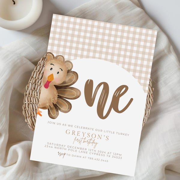 Our Little Turkey Boy 1st Birthday Invitation | Our Little Turkey is One Fall Thanksgiving Bday Editable Invite Template, 015AN