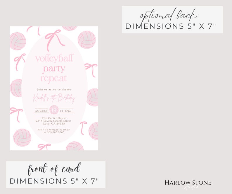 May include: Pink volleyball party invitation with text "volleyball party repeat". The invitation includes details for a birthday celebration, with dimensions of 5" x 7". The design features volleyballs and bows.