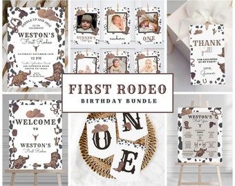 May include: A printable set of first birthday party decorations with a rodeo theme. The set includes a welcome sign, a thank you sign, a birthday banner, and a photo booth backdrop. The decorations feature a black and white cow print pattern with brown accents.