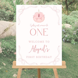 Girls Just Wanna Be One Welcome Sign, 1st Birthday Girl, Decor Bow Girls First Party for 1st Bday, Vintage Cake Retro Preppy Pink 848WS1