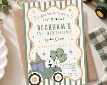 May include: A rectangular birthday invitation card featuring a green striped background, a wavy tan border, and a green tractor illustration. Text reads: Start your tractor & put it in gear, Beckham's 1st birthday is almost here! Join us for a celebration!