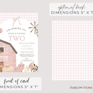 May include: A pink and white gingham-patterned invitation card with the text "EMMA IS TURNING TWO." The front of the card features a barn illustration and farm animals. Dimensions are 12.7cm x 17.8cm. The back of the card has a matching gingham pattern.