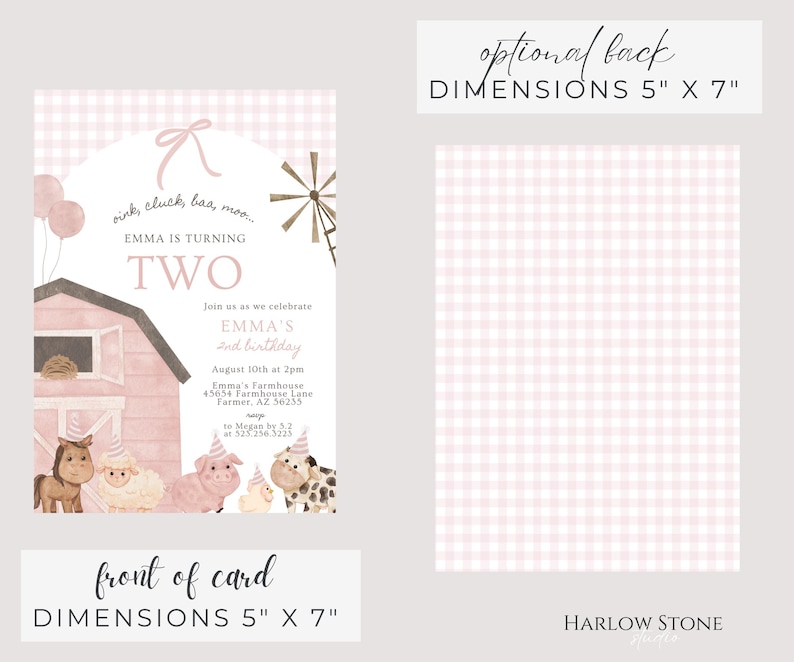 May include: A pink and white gingham-patterned invitation card with the text "EMMA IS TURNING TWO." The front of the card features a barn illustration and farm animals. Dimensions are 12.7cm x 17.8cm. The back of the card has a matching gingham pattern.