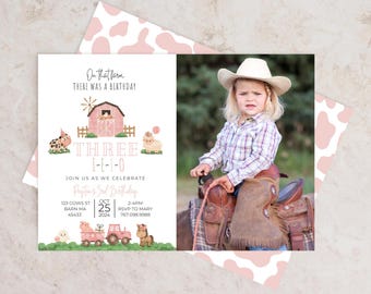 Three-I-E-I-O Birthday Invitation, 3rd Birthday Party Tractor and Farm Animal Theme, Editable Canva Template Digital Download Photo 013IP