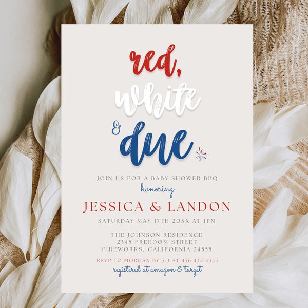 4th of July Baby Shower Invitation Suite Template, Summer Baby Shower Invite, Red White and Due Baby Shower, Fourth of July Baby Shower 714A