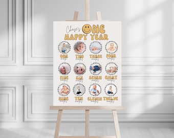 EDITABLE One Happy Dude First Year Board, Smiley Face 1st Birthday Photo Monthly Poster, Smiley Face Birthday, Instant Download 726YP1