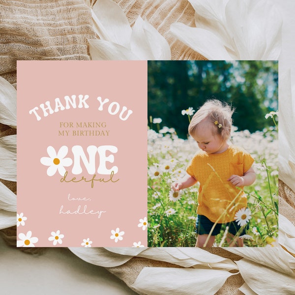 Editable Daisy Birthday Party Thank You Card Boho Little Miss One-derful Party Bohemian Daisy Floral Onederful Instant Download 722TY2