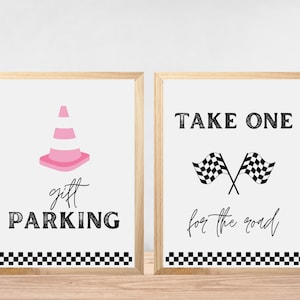 Borden racewagenfeest, bewerkbare racedecoraties, Take One For The Road, bord cadeauparkeren, tafeldecoratie autoverjaardag, gunsten 744ES