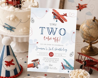 Editable Airplane Birthday Invitation,Modern Plane Invitation, Time TWO fly, | Time TWO Take Off Boy 2nd Birthday, Aviation Theme Party 859G