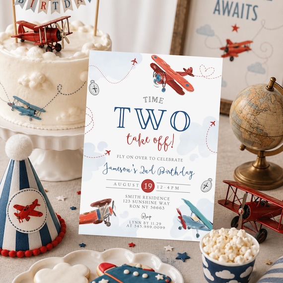 Editable Airplane Birthday Invitation,Modern Plane Invitation, Time TWO fly, | Time TWO Take Off Boy 2nd Birthday, Aviation Theme Party 859G