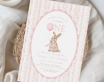 Coquette Easter Bunny Birthday Day Invitation, Vintage Some Bunny Birthday Invitation, Spring Girl 1st Birthday, Bows Template 701B