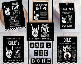 Invitación para fiesta de segundo cumpleaños de Bad TWO The Bone, descarga instantánea, paquete de mano de esqueleto, editable para Halloween, segundo cumpleaños de niño 532B