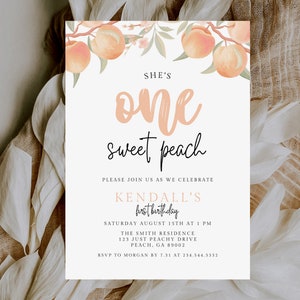 Peach Birthday Invitation, Editable Sweet as a Peach Invitation Template, Printable Peach First Birthday Invitations,Fruit 1st Birthday 704b