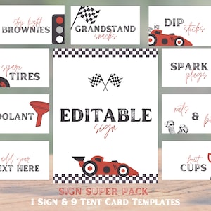 Tentlabels racewagen, bewerkbare sjabloon, blauwe verjaardag raceauto, Fast One, voedseletiketten, bewerkbaar bord, bord kaarten en cadeaus, 708TC