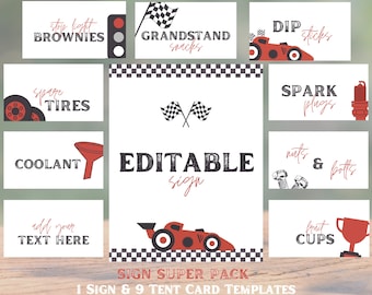 Racecar Food Tent Labels, Editable Template, Blue Racecar Birthday, Fast One, Food Labels, Editable Sign, Cards & Gifts Sign, 708TC