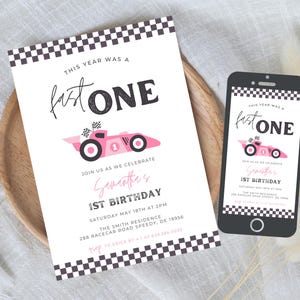 Girl First Lap Birthday Invitation, Fast ONE Birthday Invitation, Race on Over, Race Car Party, Pink, Start Your Engines, Fast One 744A