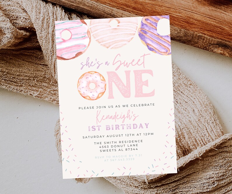 Editable Donut Birthday Invitation Template Printable Sweet One Birthday Invite Pink Baby Girl First Birthday Invite 1st