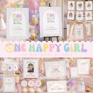 May include: A birthday party bundle featuring pastel striped signage, banners, and cards with the text One Happy Girl, 1st Birthday, and various personalized labels. The set includes a photo banner, food labels, and signs with sun graphics.