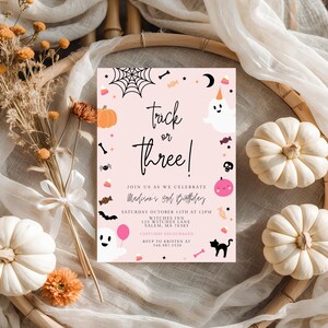 Trick or Three Invitation, EDITABLE Halloween 3rd Birthday Invitation Ghost Invitation Spooky Invitation Spooktacular, INSTANT DOWNLOAD 482C