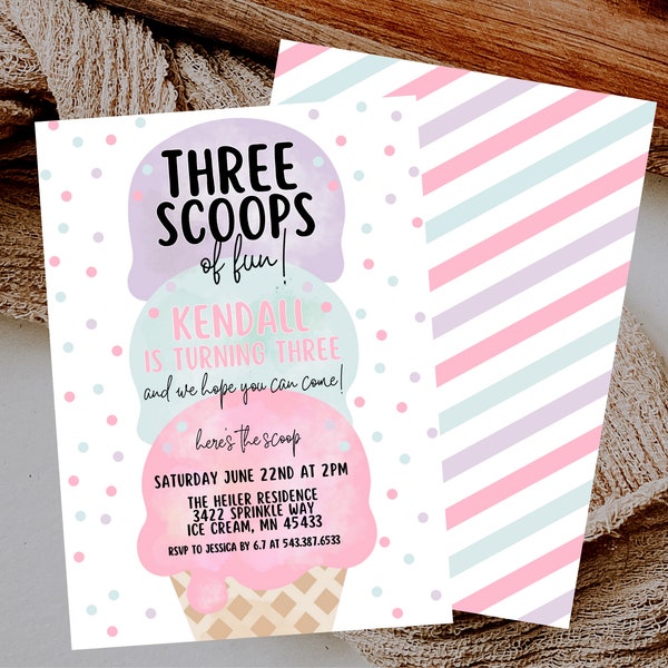 Editable Ice Cream Truck Three Scoops Of Fun 3rd Birthday Party Invitation Ice Cream 3rd Birthday Three Scoops Of Fun Instant Download 549F