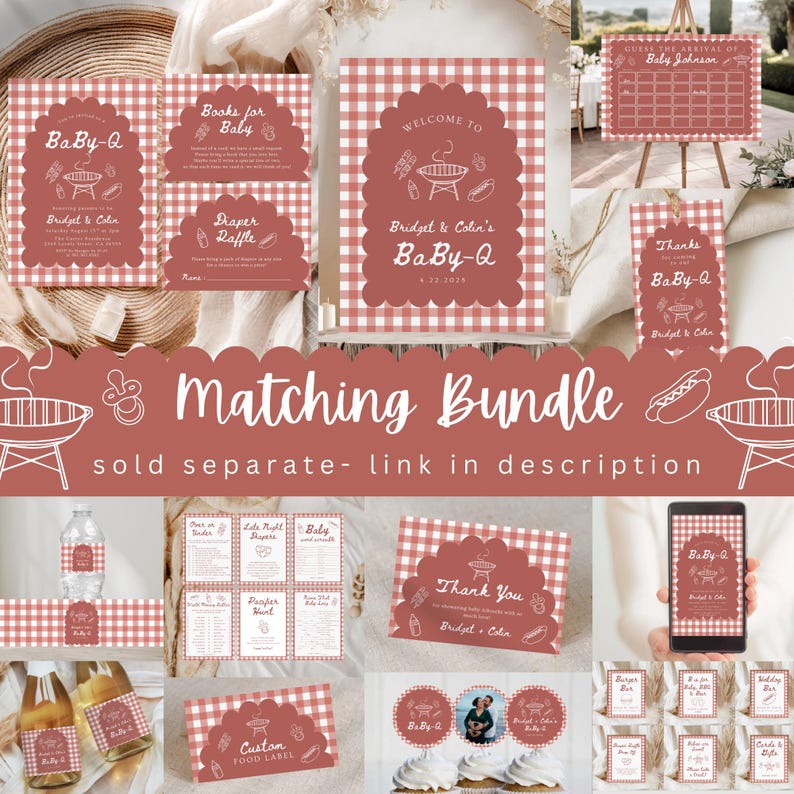 May include: A collection of baby shower party supplies with a red and white gingham pattern. The items include invitations, signs, labels, and cupcake toppers, all featuring the text "BaBy-Q" and "Bridget & Colin". The theme is a baby shower barbecue.