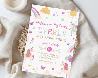 Editable Unicorn 3rd Birthday Invitation Magical Rainbow Unicorn Birthday Party Whimsical Fairytale Unicorn Party Instant Download 522D