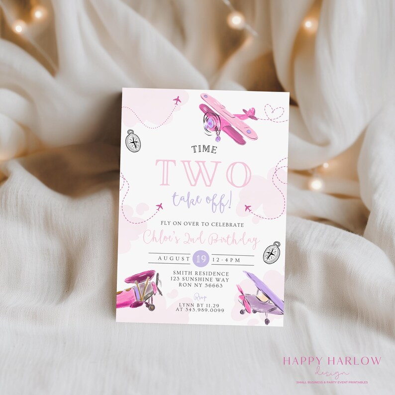 May include: A pink and white birthday invitation with airplane illustrations. The text reads "TIME TWO take off!" and "Chloe's 2nd Birthday". Includes date, time, and address details. Features a compass and airplane graphics.