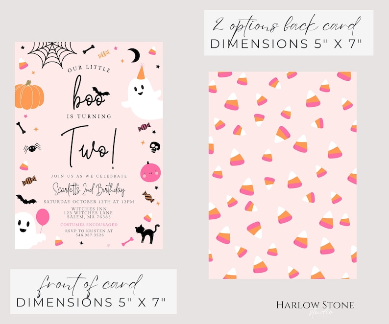 May include: A 5 inch by 7 inch birthday invitation card featuring a light pink background with Halloween icons like ghosts, pumpkins, and candy corn. The text reads Our Little Boo Is Turning Two, Scarlett's 2nd Birthday, and event details. A matching back card pattern is included.