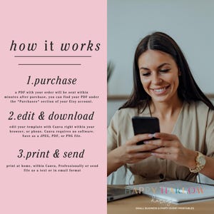 May include: A woman smiles while using a smartphone, with text on a pink background that reads "how it works." The text describes the process of purchasing, editing, and printing a PDF template. The image also includes the Happy Harlow Design logo.