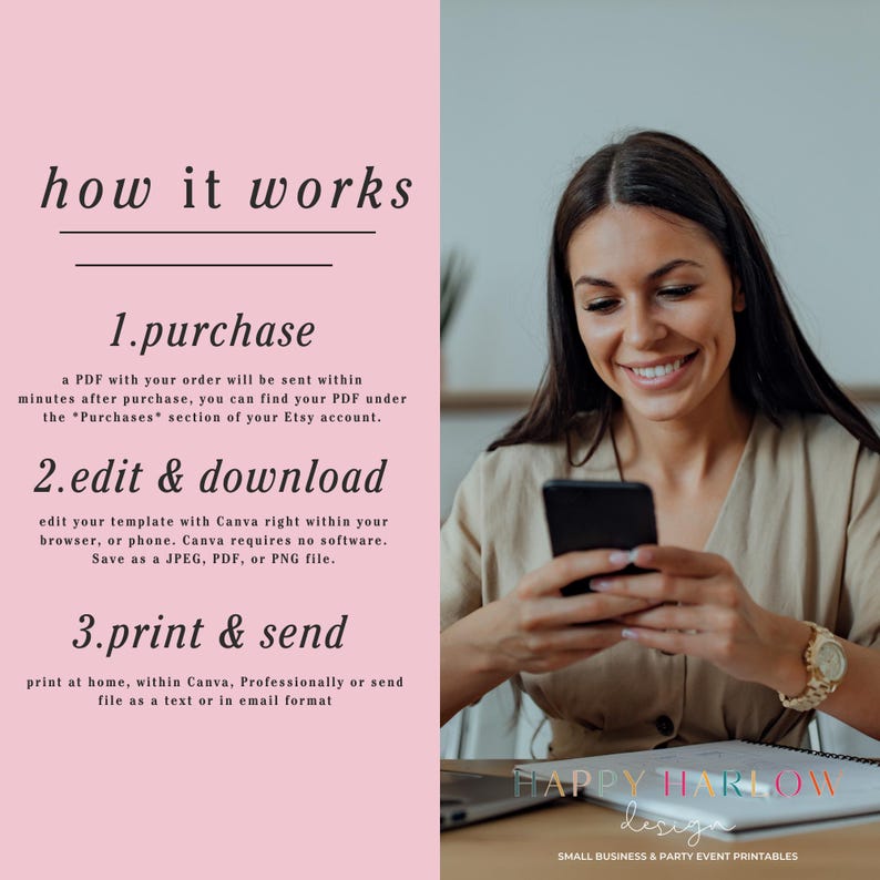 May include: A woman smiles while using a smartphone, with text on a pink background that reads "how it works." The text describes the process of purchasing, editing, and printing a PDF template. The image also includes the Happy Harlow Design logo.