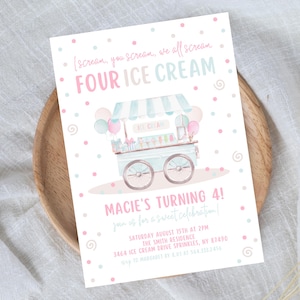 Editable Ice Cream Truck Birthday Invitation I scream You Scream We All Scream Four Ice Cream 4th Birthday Party Invite Instant Download550A