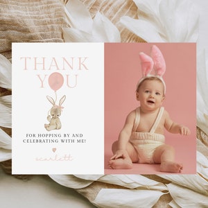 Rosa Minimalist Osterhase Geburtstag Dankeskarte, Mädchen Hase Geburtstag Danke, Frühling 1 Geburtstag, printable Vorlage 023TY1