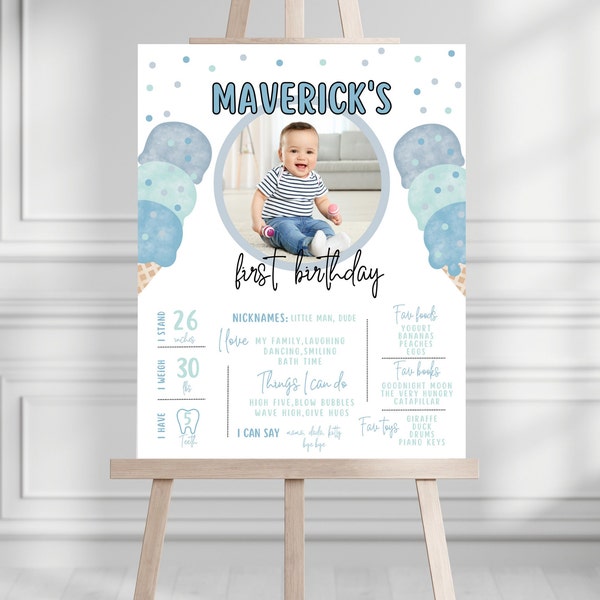 Editable Ice Cream Birthday Milestones Sign Boy Blue First Birthday Ice Cream Truck 1st Cone Sweet Download, Sweet One My First Year 548MP