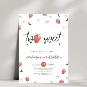 Strawberry Second birthday Invitation Two Sweet Berry 2nd Birthday Invitation Birthday Party Watercolor Strawberries Instant Download 711D