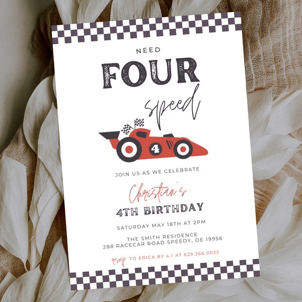 Need FOUR Speed Birthday Invitation Template | Editable Red Race Car 4th Birthday Invite | Racing 4th Birthday, Start Your Engines 708D