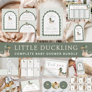 May include: A complete baby shower bundle with a duckling theme. The set includes invitations, games, thank you cards, food labels, and more. The color scheme is sage green and white, with a gingham pattern and duck illustrations.