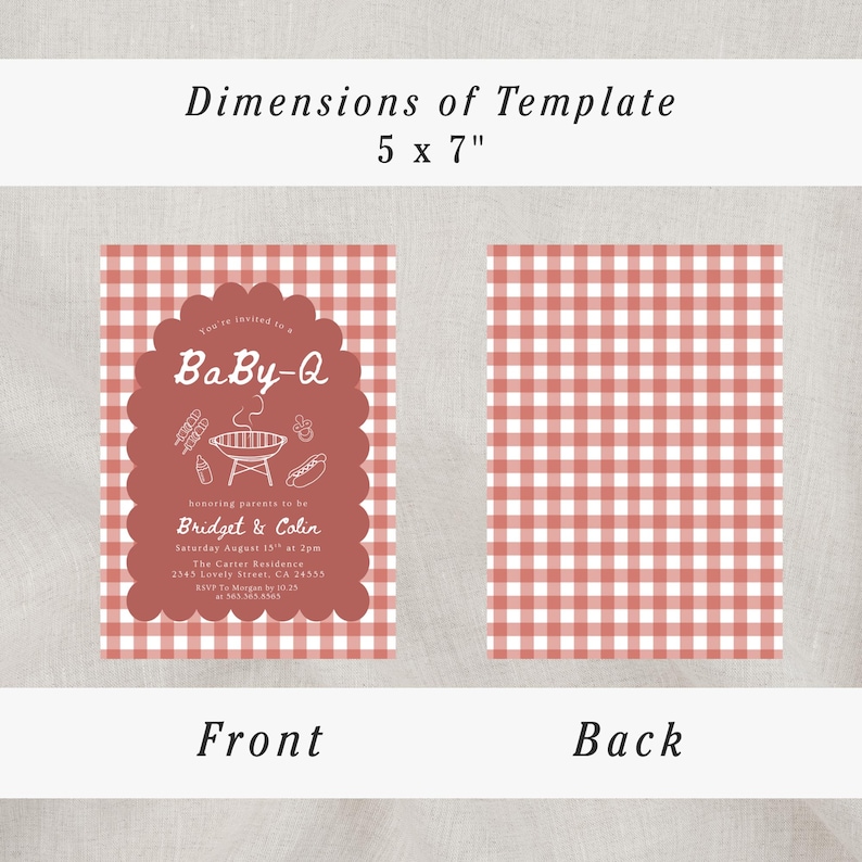 May include: Baby-Q invitation template, 5 x 7 inches, with a red and white gingham pattern. The front features a scalloped frame with text and BBQ-themed illustrations. The back has the gingham pattern.