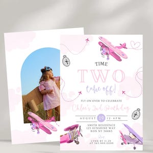 May include: Pink and white birthday invitation with a watercolor illustration of airplanes. The invitation reads "Time Two Take Off!" and includes the date, time, and location for Chloe's 2nd birthday party. A photo of a child wearing goggles is on the left.