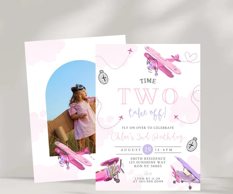 May include: Pink and white birthday invitation with a watercolor illustration of airplanes. The invitation reads "Time Two Take Off!" and includes the date, time, and location for Chloe's 2nd birthday party. A photo of a child wearing goggles is on the left.