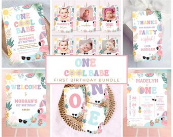 May include: A collection of party decorations with a tropical theme. The designs include invitations, photo displays, and banners with the text "One Cool Babe" and "Morgan's 1st Birthday". The color palette features pastel pink, blue, and yellow.