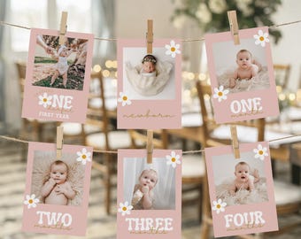 BEWERKBARE Daisy maandelijkse fotobanner, Daisy maandelijkse foto's Tags afdrukbare, Daisy eerste verjaardag decor, bloemenfoto, Instant Download 722YB
