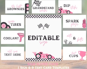 Racecar Food Tent Labels, Editable Template, Pink Racecar Birthday, Fast One, Food Labels, Editable Sign, Cards & Gifts Sign, 744TC