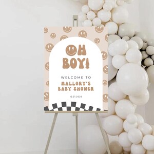 Oh Boy geruite jongen babyshower welkomstbord, Oh Boy babyshower bord, afdrukbaar bord, neutraal bruin smileygezicht, 805WS1