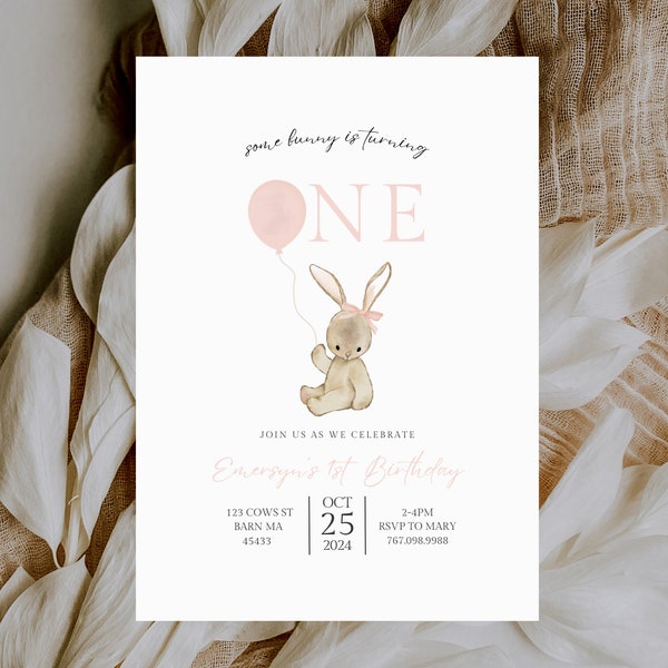 Pink Minimalist Easter Bunny Birthday Day Invitation, Girl Some Bunny Birthday Invitation, Spring 1st Birthday, Printable Template  023A