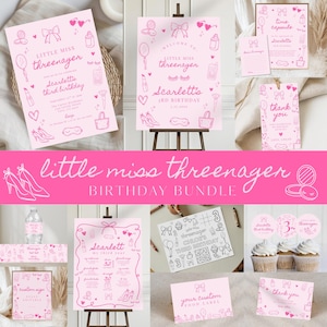 Little Miss Threenager Bundle, Threenager Fashion & Makeup, Girl 3rd Birthday Invitation, Coquette Hand Drawn Bow,  588B
