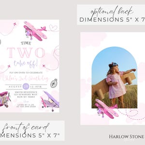 May include: Pink and purple airplane-themed birthday invitation. The invitation reads "Time Two Take Off!" and includes details for Chloe's 2nd birthday. Dimensions are 5" x 7". The back of the card is also 5" x 7".