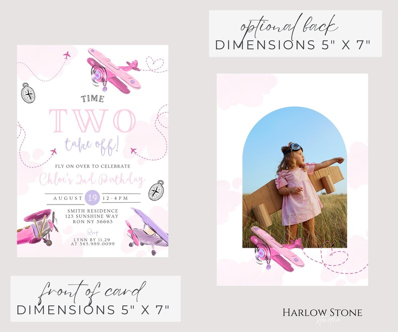May include: Pink and purple airplane-themed birthday invitation. The invitation reads "Time Two Take Off!" and includes details for Chloe's 2nd birthday. Dimensions are 5" x 7". The back of the card is also 5" x 7".