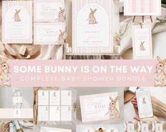 Coquette Vintage Pink Bow Baby Shower Bundle, Some bunny is on the way, Baby Shower Invite, Boho, Floral, Bunny Storybook Easter Spring 700A