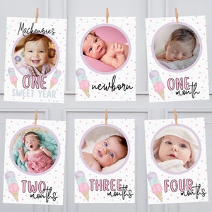 Editable Ice Cream Monthly Photo Banner First Birthday Girl Pink Sweet One Teal Decor Instant Download, Ice Cream Birthday Decor 549YB
